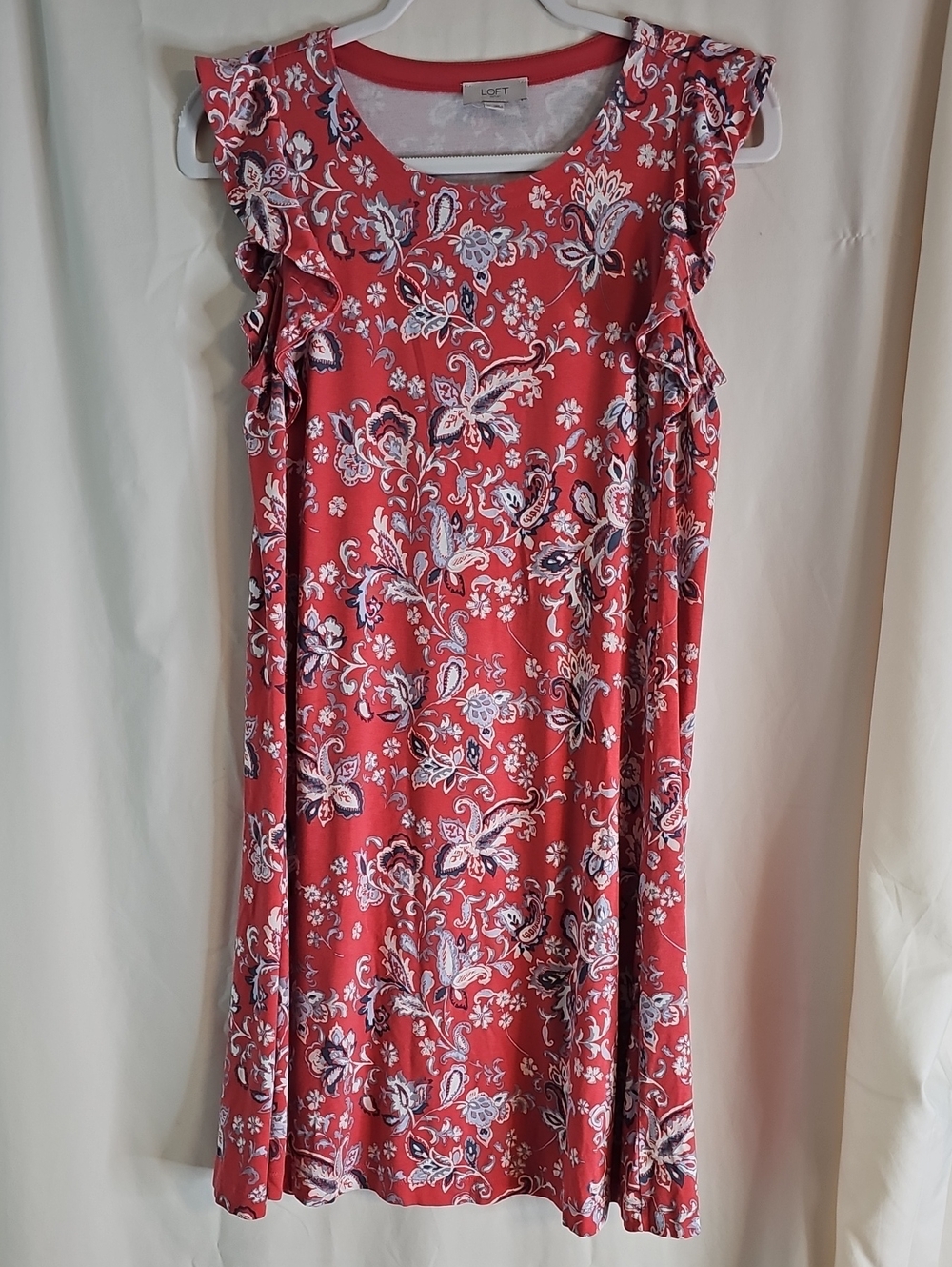 LOFT Red Floral Ruffle-Sleeve Swing Dress